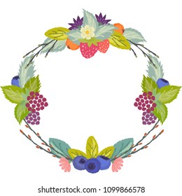 Vintage wreath with forest wild berries. Illustration with torn edges and brush effect. Can be used for invitation, poster, packaging. Vector