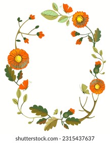 Vintage wreath, frame. Flowers in terracotta and green shades. Daisies, buds, twigs