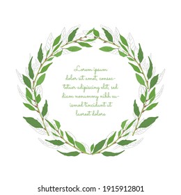 Vintage Wreath made of Hand Drawn Laurel Leaves. Traditional Symbol of Victory. Outlined with Brushes and Colored leaves Placed Separately. Vector Illustration for Culinary Products, Posters, Designs.