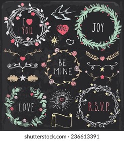 Vintage Wreath and Nature Elements Chalk Drawing Vector Set