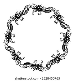 Vintage wreath from web leaves and swirls - vector graphic, black lines on white. Gothic style. Mirror decoration.