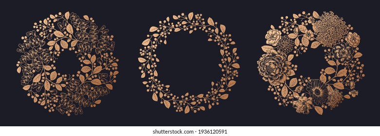 Vintage wreaths of beautiful plants set. Tree foliage, branches with berries, leaves, flowers. Vector illustration. Black, gold foil print. Luxury decor for fashion design, invitations, wedding theme.