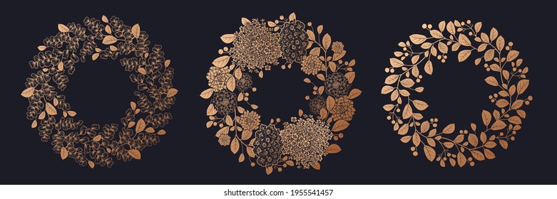 Vintage wreaths of beautiful plants set. Tree foliage, branches with berries, leaves, flowers. Vector illustration. Black, gold foil print. Luxury decor for fashion design, invitations, wedding theme.