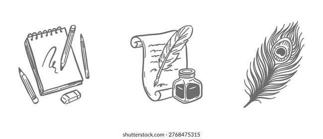 Vintage Writing and Calligraphy Vector Set. Hand-drawn icons of a sketchbook with pencils, an old scroll with inkwell and quill, and a peacock feather. Elegant art for poets and writers. Vintage Writing and Calligraphy Vector Set. Hand-drawn icons of a sketchbook with pencils, an old scroll with inkwell and quill, and a peacock feather. Elegant art for poets and writers.