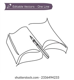 Vintage writing instruments icon - One continuous line of tome and pen drawing. Vector illustration of ancient pen and book symbol. Back to school line art concept. Pen rests under book.
