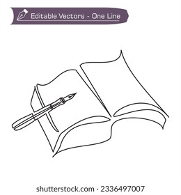 Vintage writing instruments icon - One continuous line of tome and pen drawing. Vector illustration of ancient pen and book symbol. Back to school line art concept. Pen rests to left of book. 
