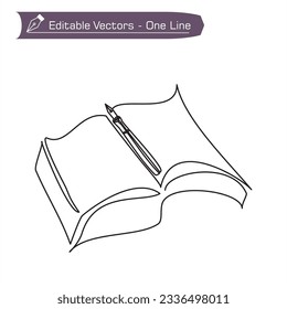 Vintage writing instruments icon - One continuous line of tome and pen drawing. Vector illustration of ancient pen and book symbol. Back to school line art concept. Pen in middle of book.

