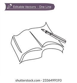 Vintage writing instruments icon - One continuous line of tome and pen drawing. Vector illustration of ancient pen and book symbol. Back to school line art concept. Pen on top right of book.
