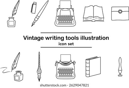 Vintage writing tools icon set – glass pen, fountain pen, quill, ink bottles, typewriters, open and closed books, envelope with wax seal – line vector illustrations