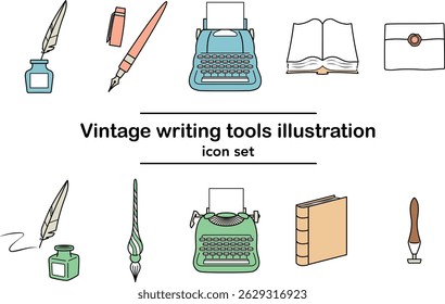 Vintage writing tools icon set – glass pen, fountain pen, quill, ink bottles, typewriters, open and closed books, envelope with wax seal – line vector illustrations(color)