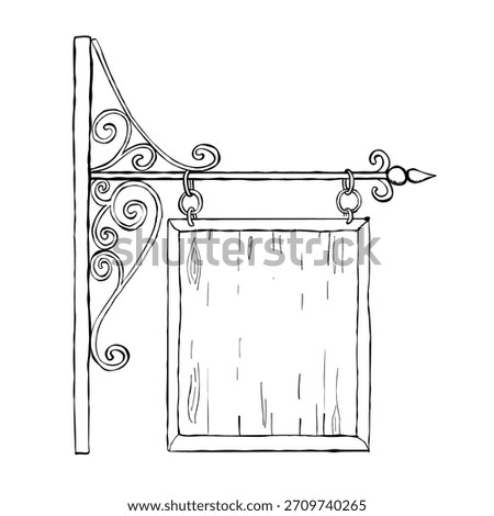 Vintage wrought iron bracket with blank wooden hanging signboard black and white outline rustic storefront pub inn cafe signage template with ornamental scrollwork