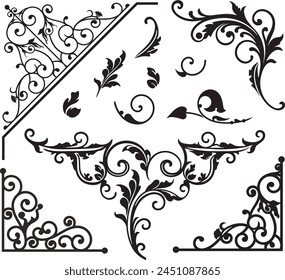 Vintage wrought iron corner ornaments, luxury design elements, vector series. Wedding invitation renaissance filigrees. Very clean vector headers and page decorative elements, vinyl and laser ready.