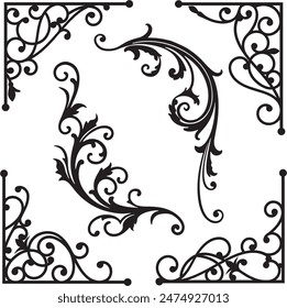 Vintage wrought iron corner ornaments and design elements, vector series. Wedding invitation filigrees. Set of exquisite and very clean wrought iron ornamental designs, vinyl and laser ready.