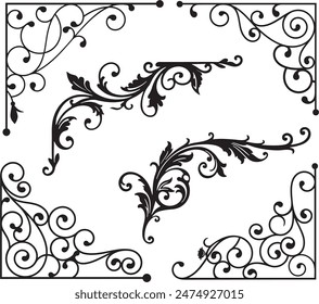 Vintage wrought iron corner ornaments and design elements, vector series. Wedding invitation filigrees. Set of exquisite and very clean wrought iron ornamental designs, vinyl and laser ready.