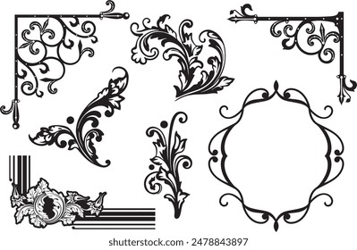 Vintage wrought iron corner ornaments, luxury design elements, vector series. Wedding invitation renaissance filigrees. Very clean vector headers and page decorative elements, vinyl and laser ready.