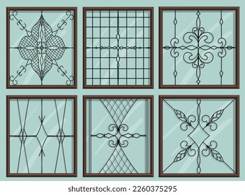 Vintage wrought iron window set in vector. Isolated