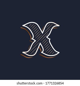 Vintage X letter logo with line decoration. Classic serif lettering. Vector font perfect to use in any alcohol labels, retro style posters, luxury identity, etc.