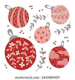 Vintage xmas bauble collection - red ornaments with folk patterns, pink decorations with hearts, branches and berries for holiday cards, festive designs, retro Christmas crafts or seasonal decorating.