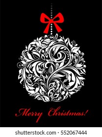Vintage xmas black and white greeting card with hanging floral ball