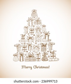 Vintage Xmas card with Christmas tree made of sketchy gift boxes