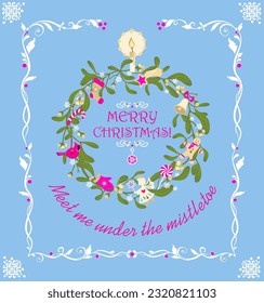 Vintage Xmas decoration with wreath of mistletoe, snowflakes, angel, gingerbread, candy, candle, sock, mitten, redbird, jingle bell and Christmas star for your greeting cards, banners, flyers. Vector 