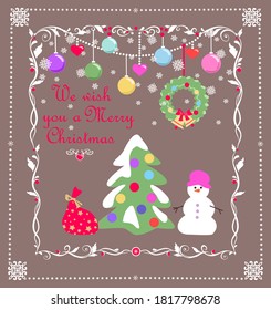 Vintage Xmas greeting handmade childish card with Christmas snowy tree, snowman, gift, hanging wreath and colorful balls