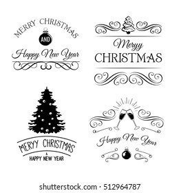 Vintage xmas. Merry Christmas and Happy New Year. Greeting Card Set. Glass Champagne. Xmas Tree. Clink Glasses. Element Vector Illustration. Vintage christmas label