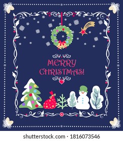 Vintage Xmas navy blue greeting handmade childish card with snowman, present, snowy tree, hanging wreath with baubles, Christmas star and conifer