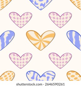 Vintage Y2k seamless pattern with hearts. Twisted shapes, trendy distorted grunge figures in blue, violet, yellow and beige colors. Trippy vector psychedelic background in retro style