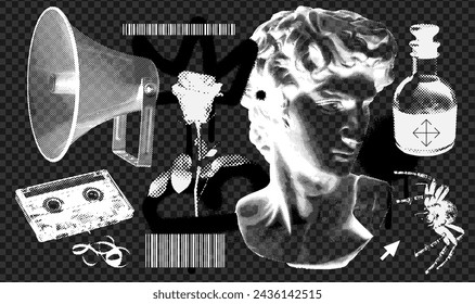 Vintage y2k set of different cool elements with retro negative photocopy effect. Y2k grunge loudspeaker, antique statue, cassette, rose, spider with a grainy effect and stippling. Vector illustration