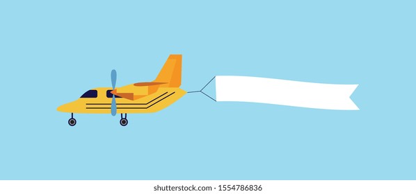 Vintage yellow airplane flying with blank white ribbon banner behind it - colorful retro plane with announcement text template on empty flag, vector illustration