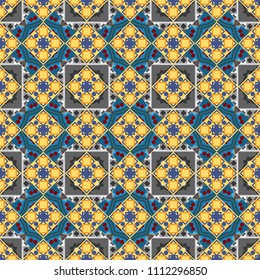 Vintage yellow, blue and gray backgrounds with geometric and simple floral elements. Vector illustration. Retro seamless wallpaper pattern.