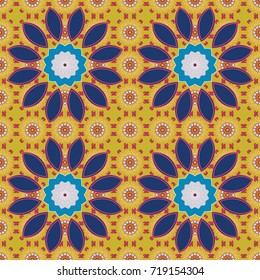 Vintage yellow, blue and red pattern in turkish style. Endless pattern can be used for ceramic tile, wallpaper, linoleum, textile. Vector seamless ceramic tile with colorful patchwork.