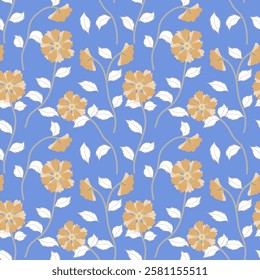  Vintage yellow flowers with leaves seamless pattern on a light background in English style. Fashionable luxury vector illustration for fabric, linen, packaging, print.