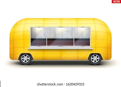 Vintage Yellow Food Truck Vintage Food Truck Trailer. Fast food retro van with window. Editable Vector illustration Isolated on white background.