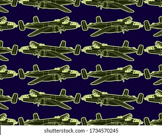 Vintage yellow and green Military bombardier set collage with violet metal geometric pattern at background