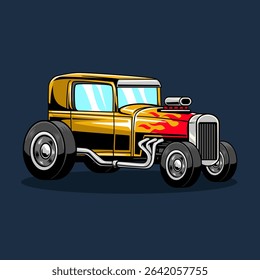 Vintage yellow hot rod with flaming red hood, oversized wheels, and chrome exhaust pipes, illustrated on a dark blue background in cartoon style