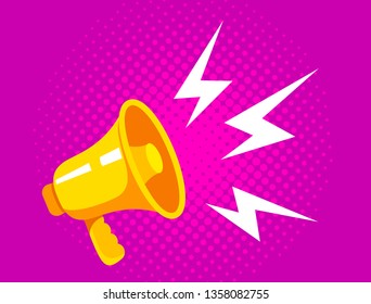 Vintage yellow megaphone on a background of purple halftone background with lightning sound. flat vector illustration