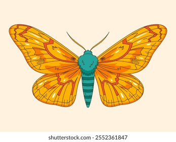 Vintage Yellow Moth Butterfly Flat Illustration