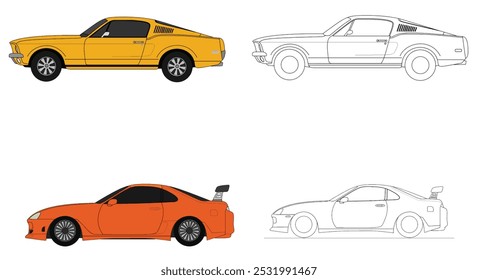 Vintage Gelbe Muskel Auto und Outline Illustration - Klassische amerikanische Auto-Seitenansicht mit detailliertem Design für Automobil-Enthusiasten und Grafikdesigner