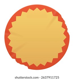 Vintage yellow and orange round sticker with a ripped paper edge. Retro promotional blank element with aged, worn look in grunge style. Wrinkled old shape for scrapbook designs, print, poster.	

