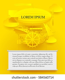 Vintage yellow paper steampunk template with a complex fantastic flying ship. Web page design in retro style. Vector Illustration