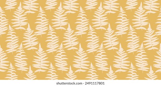 Vintage yellow pattern with abstract artistic branches leaves fern. Vector hand drawing. Shapes stylized plants seamless print. Simple ornament for designs, textile, fabric, cover