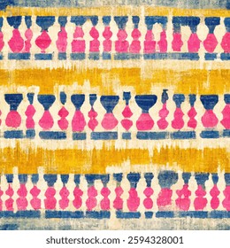 Vintage yellow and pink block print of chalices, stripes, on a white background. grunge lines ikat pattern, striped seamless pattern, Vector illustration background for print the paper.