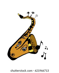 Vintage yellow Saxophone, hand drawn vector illustration
