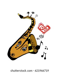 Vintage yellow Saxophone, hand drawn vector illustration
