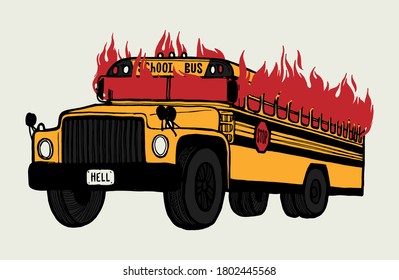 Vintage yellow school bus burning. Hate of school funny concept. School bus isolated vector illustration.