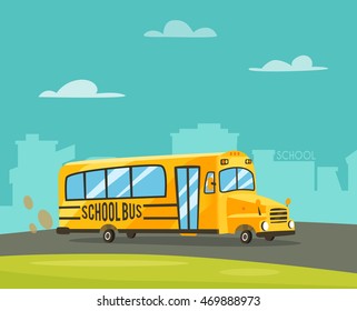 Vintage yellow school bus on the road. Cartoon vector illustration. Bright design. Happy day. Back to school