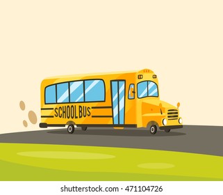 Vintage yellow school bus on the road. Cartoon vector illustration. Bright design. Happy day. Back to school