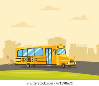 Vintage yellow school bus on the road. Cartoon vector illustration. Bright design. Happy day. Back to school